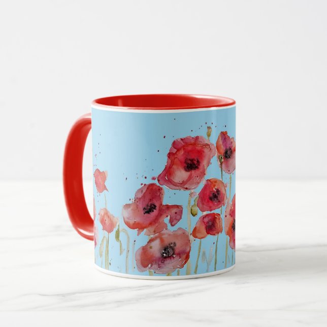 Red Poppy auf Blue Watercolor Pappi Art Tasse (Vorderseite Links)