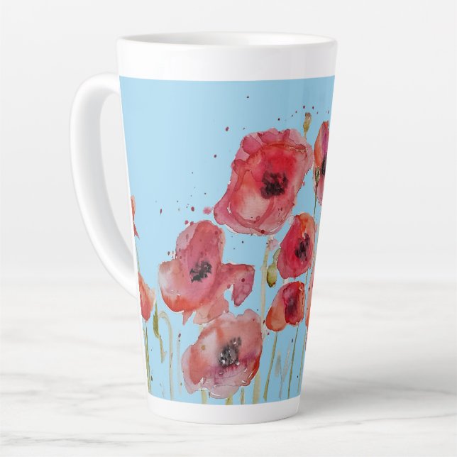 Red Poppy auf Blue Watercolor Pappi Art Tasse (Linke Ecke)