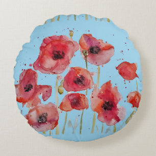 Red Poppy auf Blue Watercolor Poppies Decorative C Rundes Kissen