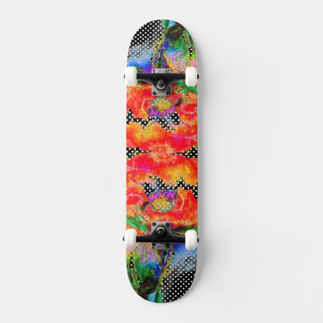 Red Poppy black and white polkadots Skateboard (Vorderseite)