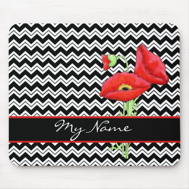 Red Poppy Black & White Personalize Zickzack Zizza Mousepad (Vorne)