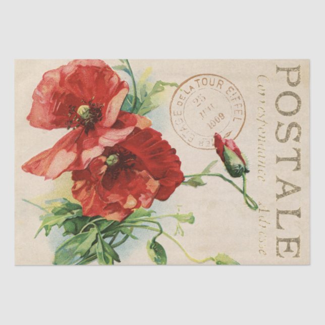 Red Poppy Blume Carte Postale Französisches Dekoup Seidenpapier (Vorderseite)