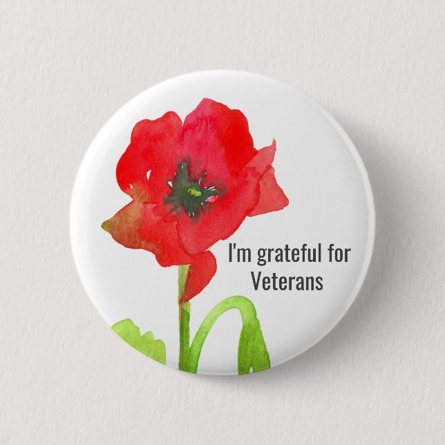 Red Poppy Blume dankbar für Veteranen Button (Vorderseite)