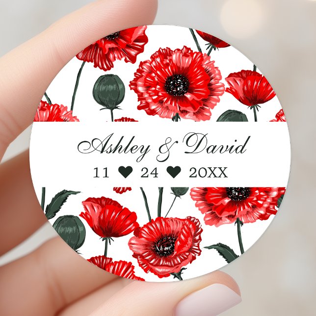Red Poppy Blume Personalisierte Hochzeit Runder Aufkleber (Von Creator hochgeladen)