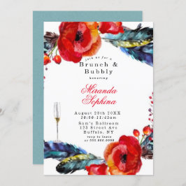 Red Poppy Boho Feathers Brunch & Bubbly Einladung