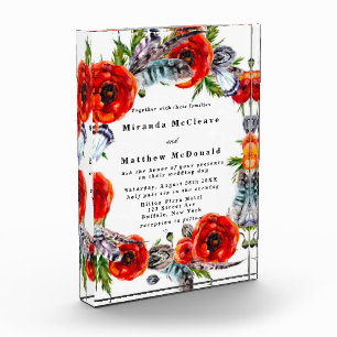 Red Poppy Boho Feathers Keepake Wedding Einladung Fotoblock