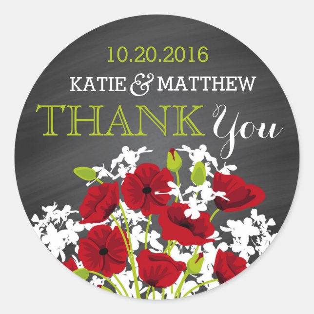 Red Poppy Chalkboard Modern Danke Label Runder Aufkleber (Vorderseite)