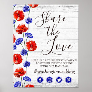 Red Poppy & Cornflower Wedding Hashtag Foto Sign Poster