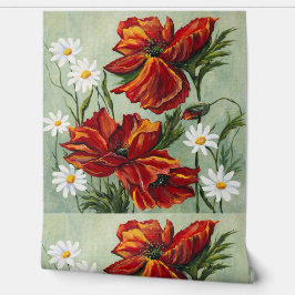 Red Poppy & Daisy Floral Wallpaper Tapete