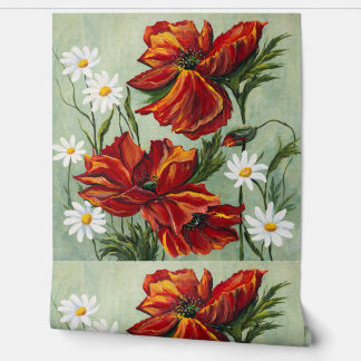 Red Poppy & Daisy Floral Wallpaper Tapete