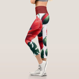 Red Poppy Floral Capri Leggings