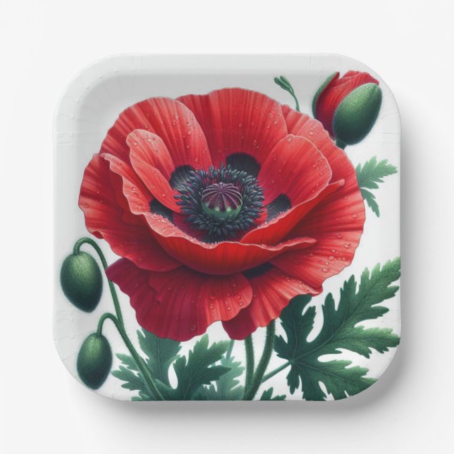 Red Poppy Floral Pappteller (Vorderseite)