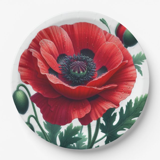 Red Poppy Floral Pappteller (Vorderseite)