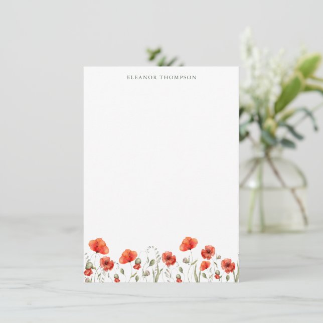 Red Poppy Floral Personalisiert Name Stationery Mitteilungskarte (Stehend Vorderseite)