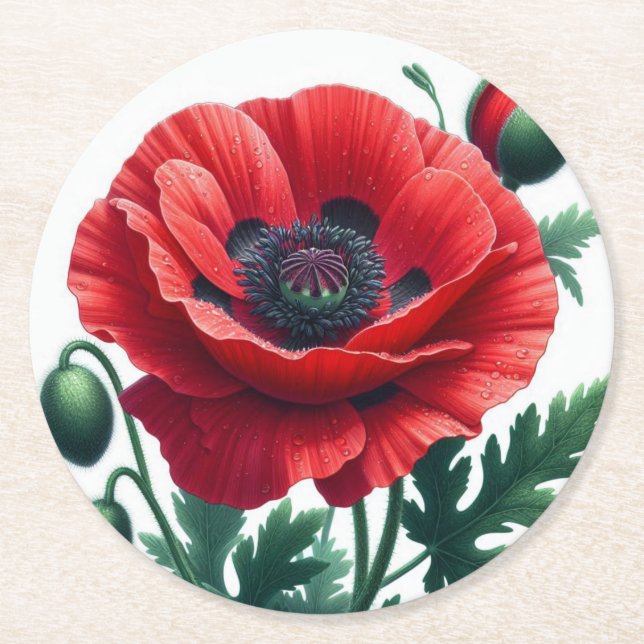 Red Poppy Floral Runder Pappuntersetzer (Vorderseite)
