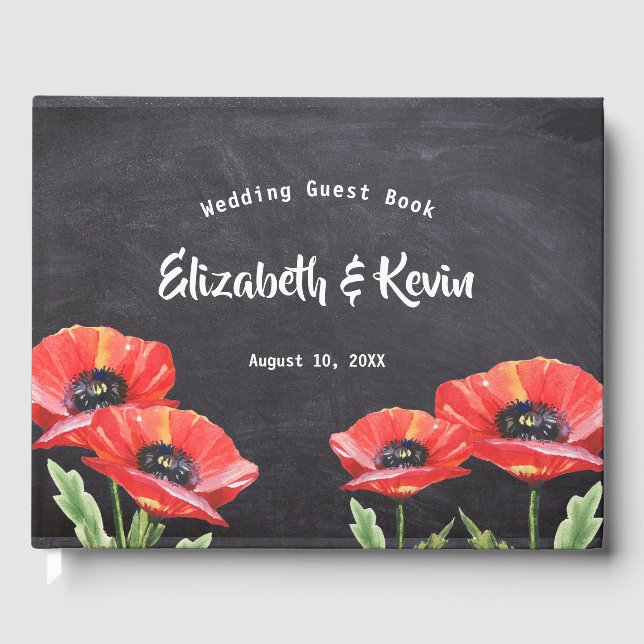 Red Poppy Floral Wedding Rustic Chalkboard Gästebuch (Vorderseite)