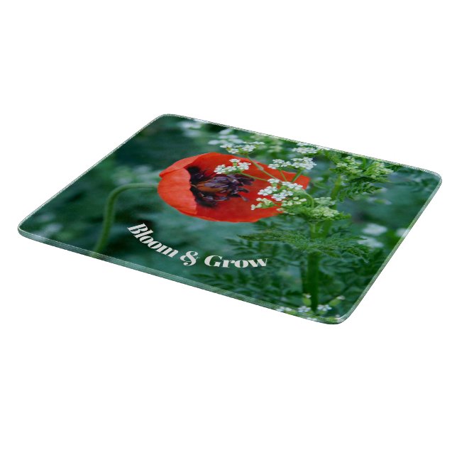 Red Poppy Flower Glass Cutting Board | Floral Art Schneidebrett (Ecke)