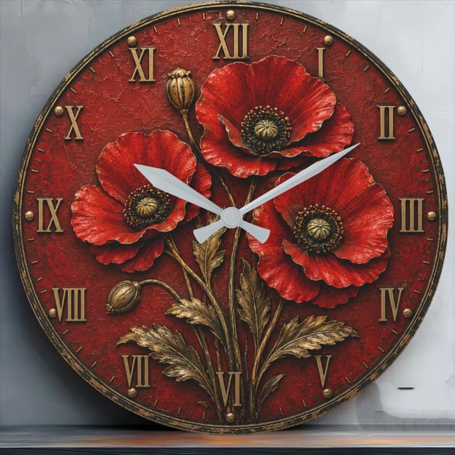Red Poppy Flowers Große Wanduhr (Von Creator hochgeladen)