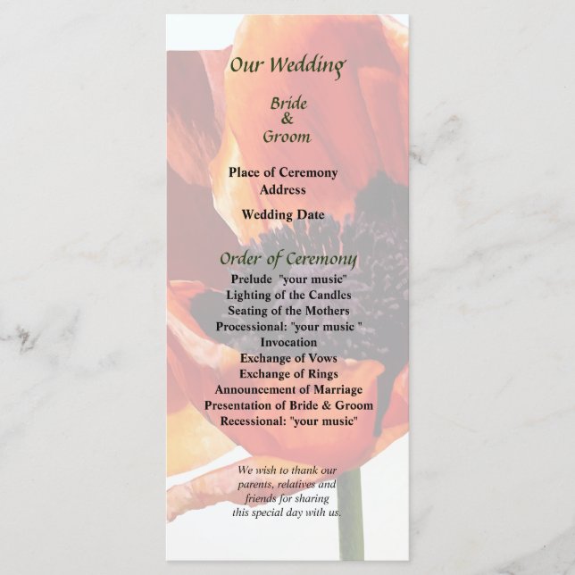 Red Poppy-Hochzeitsprogramm in Sunshine Programm (Vorderseite)