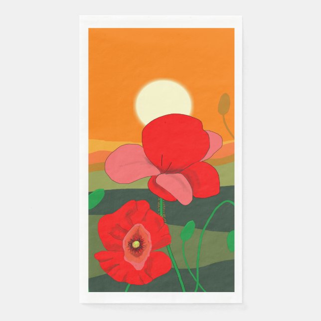 Red Poppy Meadow bei Sunset Illustration Serviette (Vorderseite)