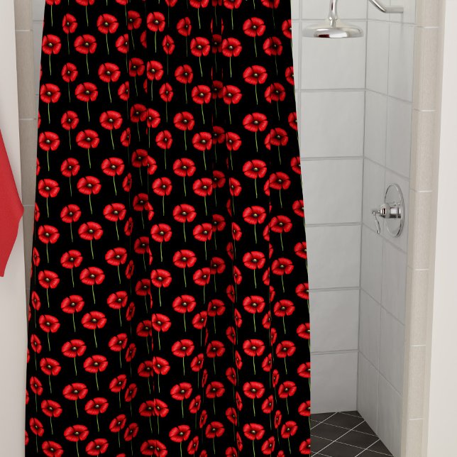 Red Poppy Muster auf dem Schwarzen Duschvorhang (Pop a pop of color in your bathroom with this poppy pattern shower curtain)