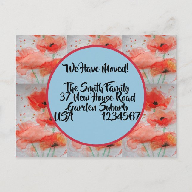 Red Poppy neue Adresse Postcard, wir bewegen uns Postkarte (Vorderseite)