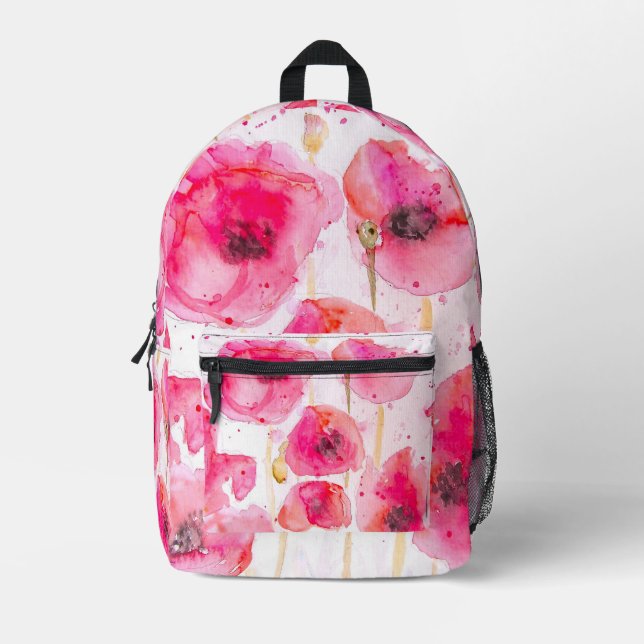 Red Poppy Poppies Watercolor Girls Backpack Bedruckter Rucksack (Vorderseite)