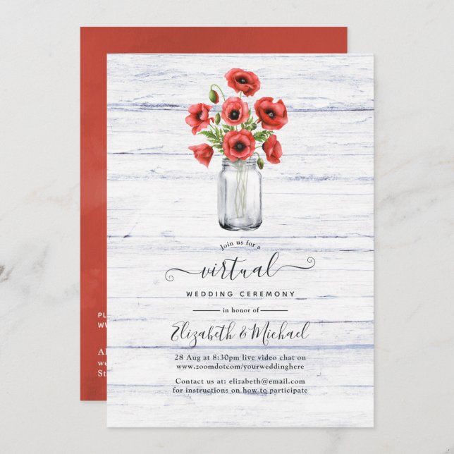 Red Poppy Rustic Country Online Virtual Wedding Einladung (Vorne/Hinten)