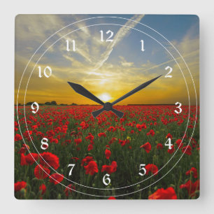 Red Poppy Sunset Quadratische Wanduhr