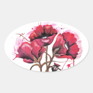 Red Poppy Watercolor Ovaler Aufkleber