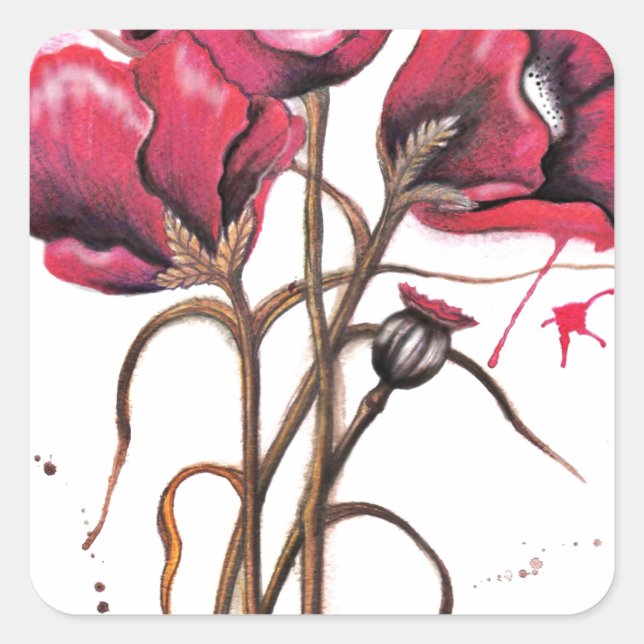 Red Poppy Watercolor Quadratischer Aufkleber (Vorderseite)