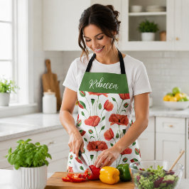 Red Poppy Watercolor Wildflower Custom Name Apron Schürze