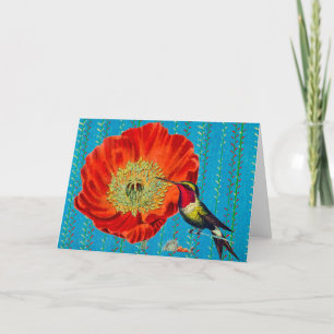RED POPPY WITH HUMMINGBIRD BLANK NOTECARD DANKESKARTE