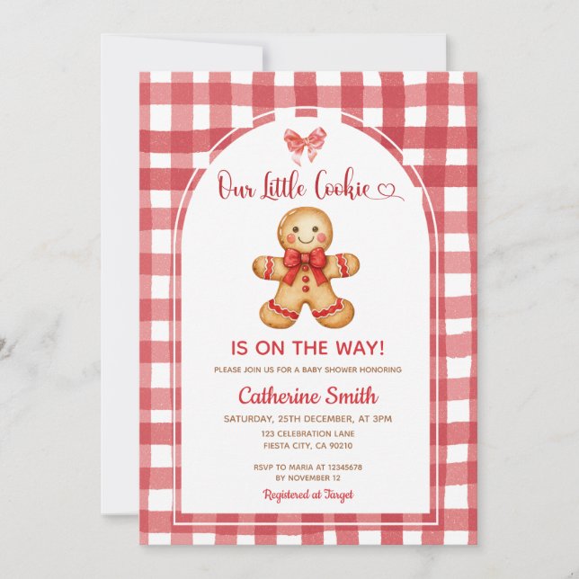 Red Preppy Gingham Gingerbread Baby Shower  Einladung (Vorderseite)