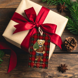 Red Preppy Plaid Christmas Teddy Bear Gift Tags Geschenkanhänger