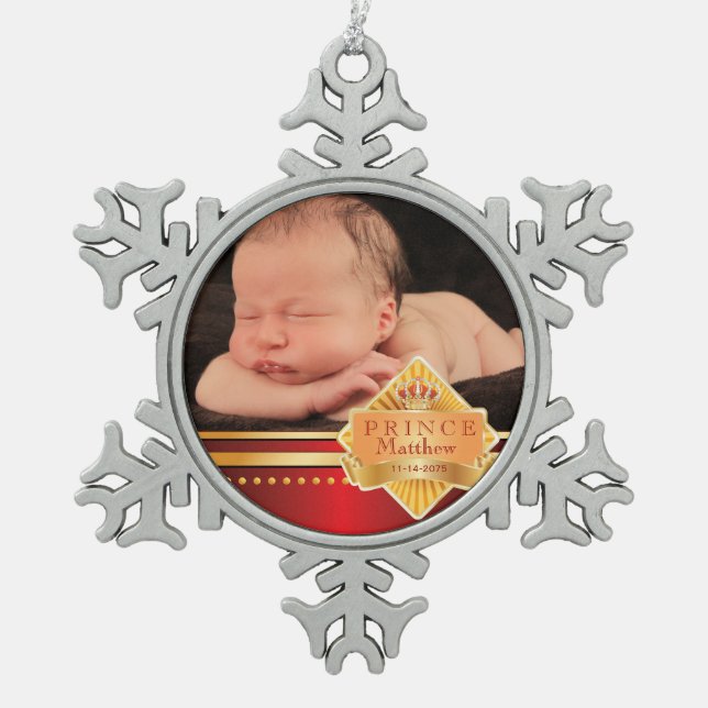 Red Prince Baby Boy Foto Weihnachten Schneeflocken Zinn-Ornament (Vorderseite)