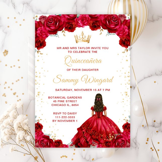 Red Princess Floral Quinceañera Einladung (Von Creator hochgeladen)