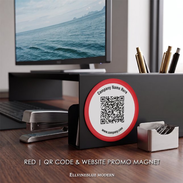 Red Promotional Business Name QR Code Magnet (Red Magnet | A polished layout created to showcase your QR Code, Name, & Website.)