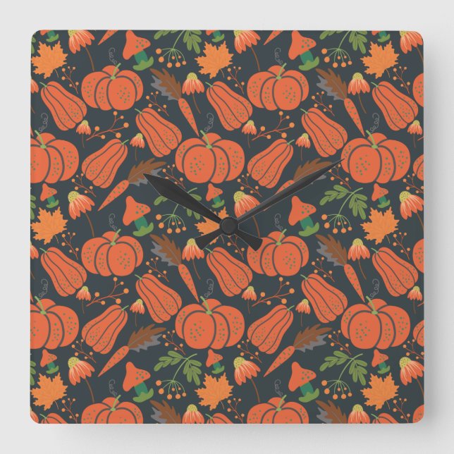 Red pumpkin seamless pattern and carrots quadratische wanduhr (Vorderseite)