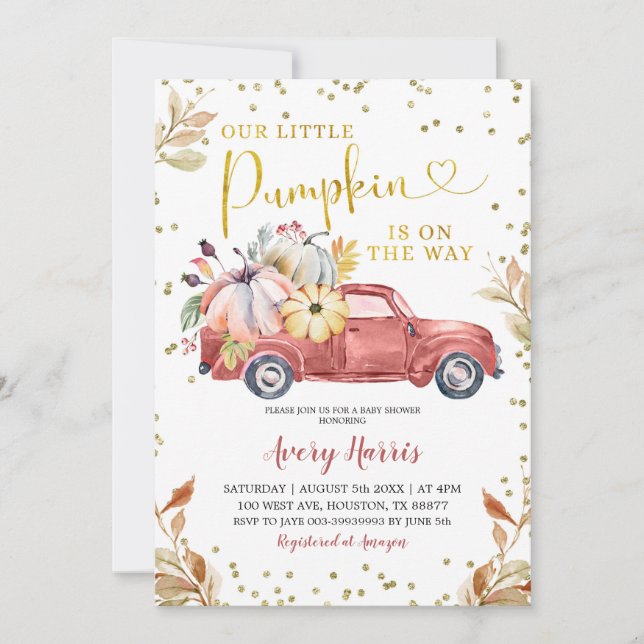 Red Pumpkin Truck Baby Shower Einladung (Vorderseite)
