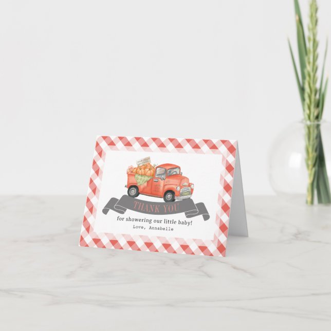 Red Pumpkin Truck Gingham Baby Dusche Dankeskarte (Vorderseite)