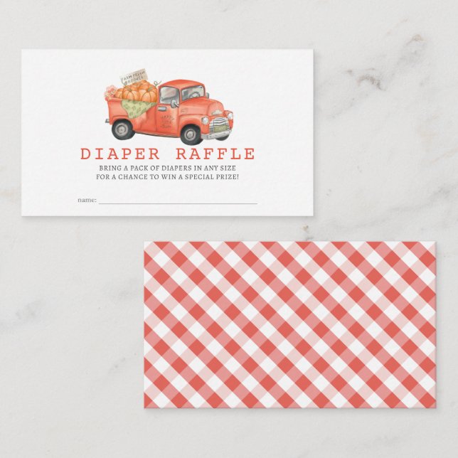 Red Pumpkin Truck Gingham Diaper Raffle Ticket Begleitkarte (Vorne/Hinten)