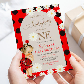 Red Punkt Ladybug Daisy Blonde Erster Geburtstag Einladung