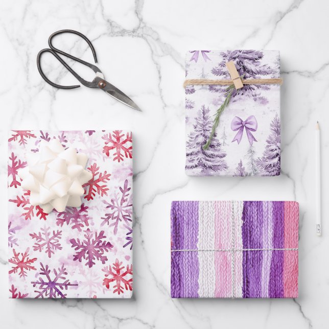 Red Purple Snowflakes Christmas Tree Stripes Geschenkpapier Set (Vorderseite)