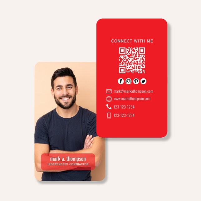 Red QR Code Photo Connect Modern Minimal Visitenkarte (Modern photo business card with QR code in bright red minimalist design)