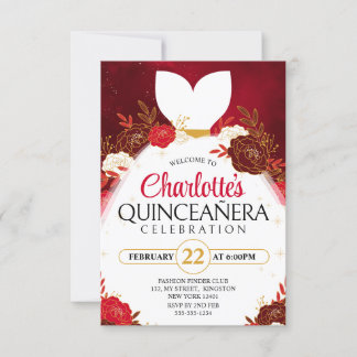 Red Quinceanera Floral White Princess Dress Einladung