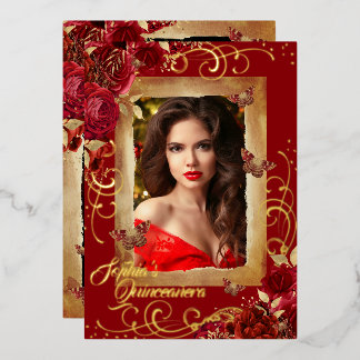 Red Quinceanera Foto Rose Gold Butterfly Folieneinladung