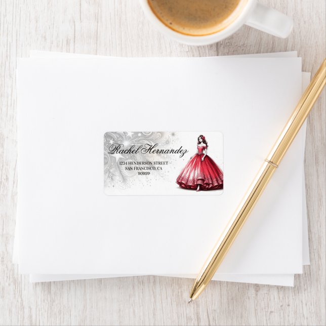 Red Quinceañera Girl Adressaufkleber (Insitu)