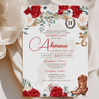 Red Quinceanera Rose Anemone Extravagant Charro/Co Einladung