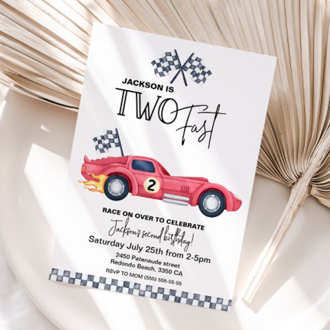 Red Race Auto ZWEI SCHNELLE Einladung zum Geburtst (Red Race car TWO FAST birthday invitation)